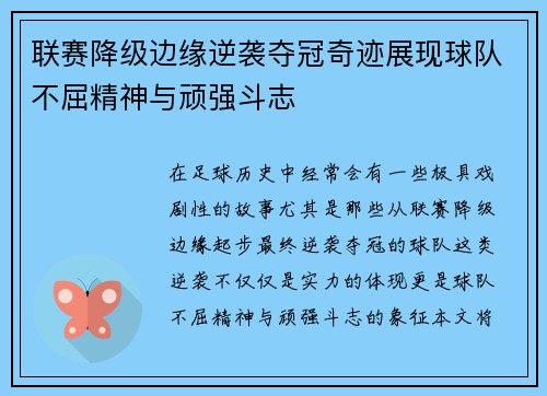 联赛降级边缘逆袭夺冠奇迹展现球队不屈精神与顽强斗志