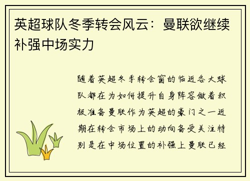 英超球队冬季转会风云：曼联欲继续补强中场实力