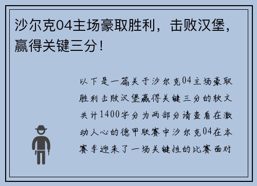 沙尔克04主场豪取胜利，击败汉堡，赢得关键三分！