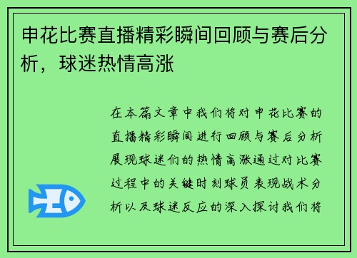 申花比赛直播精彩瞬间回顾与赛后分析，球迷热情高涨