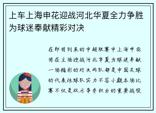 上车上海申花迎战河北华夏全力争胜为球迷奉献精彩对决